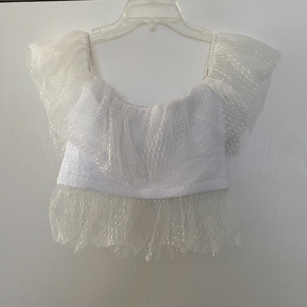 nbd revolve gisele crop top w/ tiered swiss dot overlay